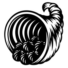 Stylized Cornucopia Illustration with Abundance and Harvest Theme in Black and White