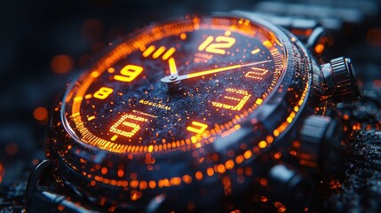 Close-up futuristic watch with glowing orange digits