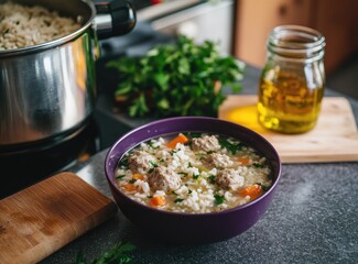 Delicious and hearty bowl of homemade meatball soup with rice and vegetables.