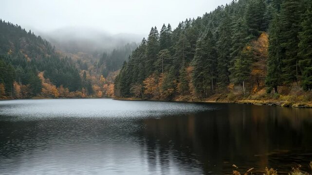 Misty lake reflects autumnal forest hues