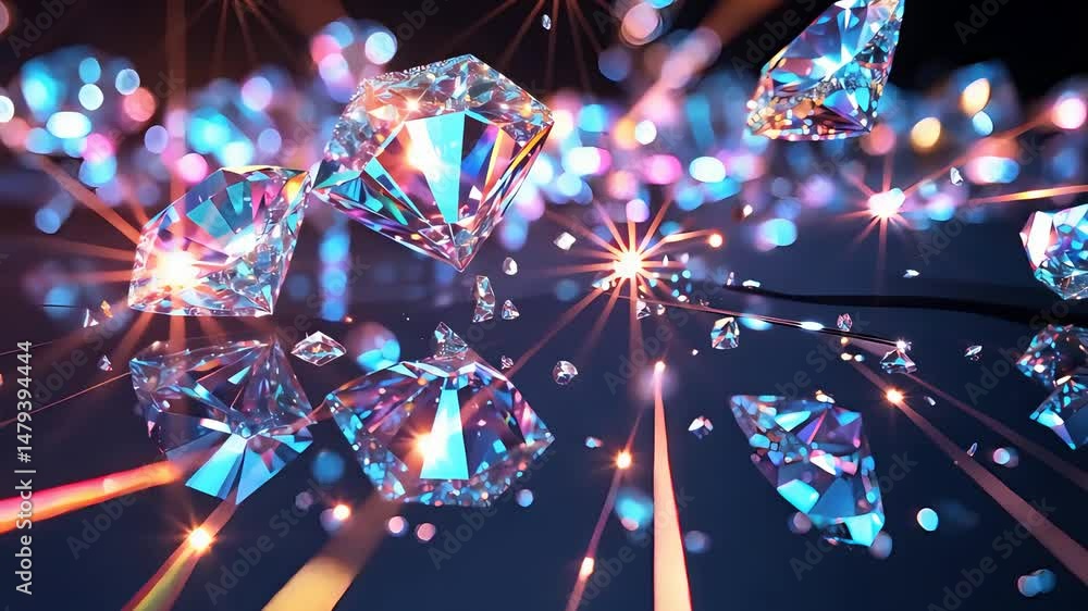 Poster floating sparkling diamonds with colorful reflections and glowing light flares against dark backgrou