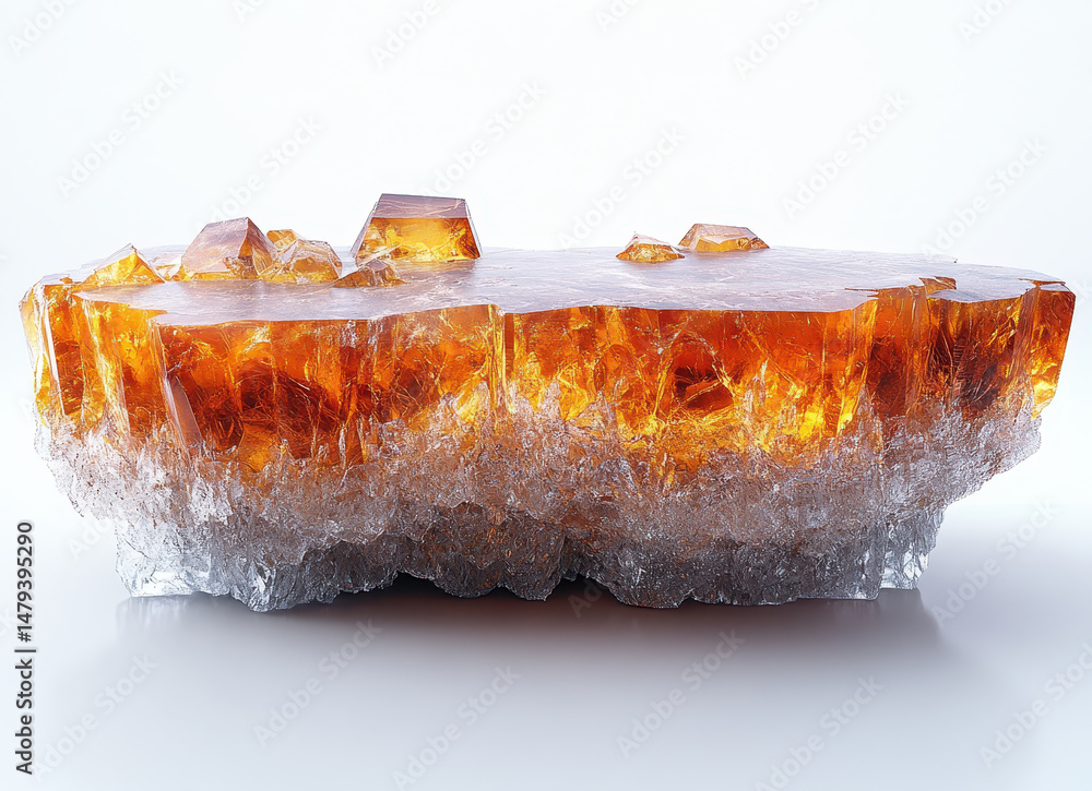 Poster ice and amber resin table isolated on white background with textured surface and translucent element