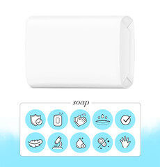 Realistic wrap packaging for bar soap mockup with set icons. Vector illustration isolated on white background. Easy to use for presentation your product, idea, design. EPS10.