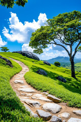 Fototapeta premium A stone path in the middle of a lush green field