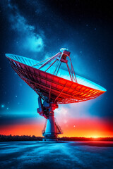 A satellite dish in the middle of a desert at night