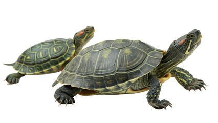 Obraz premium two turtles walking slowly isolated on white background, PNG