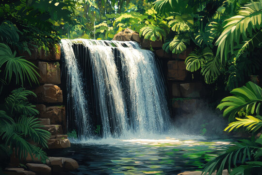 Vivid painting of a waterfall in lush jungle. Green foliage surrounds cascading water, creating a tranquil and captivating natural scene.