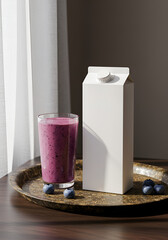 Blueberry smoothie in glass, carton box