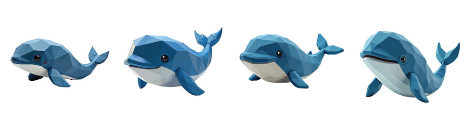 Cut Out Set of Low Poly Vector illustration Of Sperm Whale Toy Isolated on Transparent or White Background.