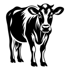 Monochrome depiction of a Holstein cow standing in a simplistic design