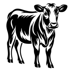 Black and white graphical representation of a standing cow calf looking forward