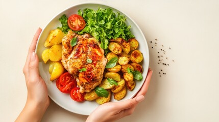 Balanced plate with roasted chicken, seasoned potatoes, and tomato slices, hands holding it against neutral background