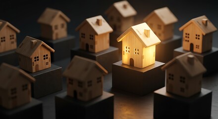 Illuminated Wooden House Model Among Others in a Dark Setting