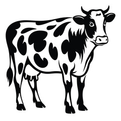 Black and white cartoon illustration of a spotted dairy cow standing still