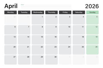 April 2026 calendar or desk planner in soft gray and light green colors with empty note lines, weeks start on Monday, vector illustration design