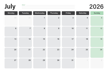 July 2026 calendar or desk planner in soft gray and light green colors with empty note lines, weeks start on Monday, vector illustration design