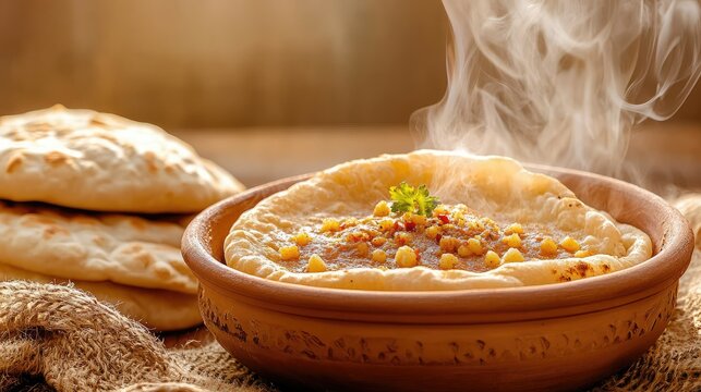 Close-up of hot Shotis puri and lavash straight from clay oven, steam rising, with rustic linen background