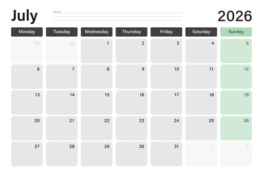 July 2026 calendar or desk planner in soft gray and light green colors with empty note lines, weeks start on Monday, vector illustration design