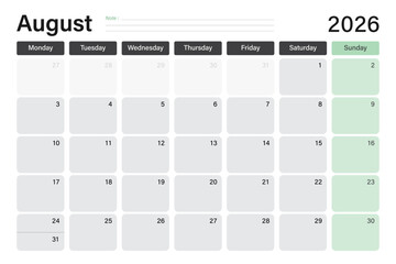 August 2026 calendar or desk planner in soft gray and light green colors with empty note lines, weeks start on Monday, vector illustration design
