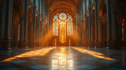 Grand cathedral interior, sunlight streams through stained glass