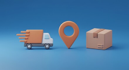 Delivery Truck, Location Pin, and Package on Blue Background Illustration