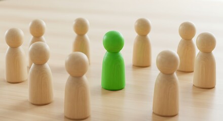 Green wooden figure stands out among beige figures on a light wooden surface