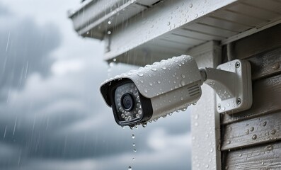 Weatherproof Security Camera with Water Droplets Mounted on Building Exterior During Rainfall Demonstrating Water Resistance