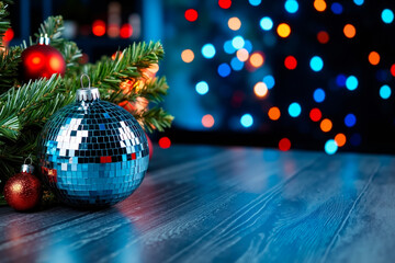 A disco ball sitting on top of a wooden table next to a christmas tree