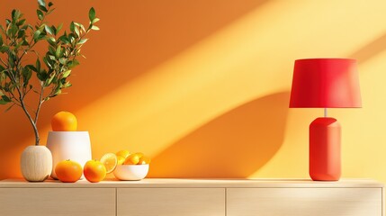 Contemporary orange-themed sideboard decor with red lamp, oranges, and minimal ceramics, set against bold orange wall in warm tones