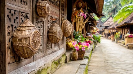 Fototapeta premium Traditional village scene with handcrafted baskets.