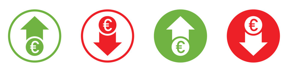 Euro currency trend icons set. Green up arrow and red down arrow with euro symbol, Flat design economy and finance indicators for inflation, deflation, exchange rate movement. Vector illustration. © Munnacreativehub