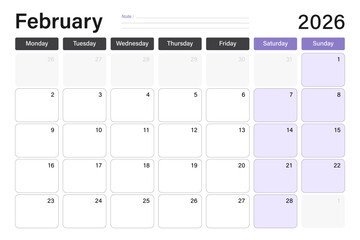February 2026 calendar or desk planner in soft gray and purple colors with empty note lines, weeks start on Monday, vector illustration design