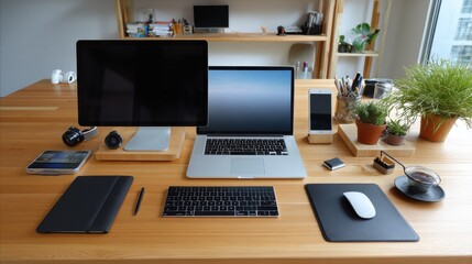 Modern wooden desk featu laptop computer and multiple electronic gadgets for remote work and creativity.