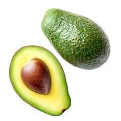 Two ripe avocados, one whole and one halved, displaying vibrant green skin and a rich, creamy interior