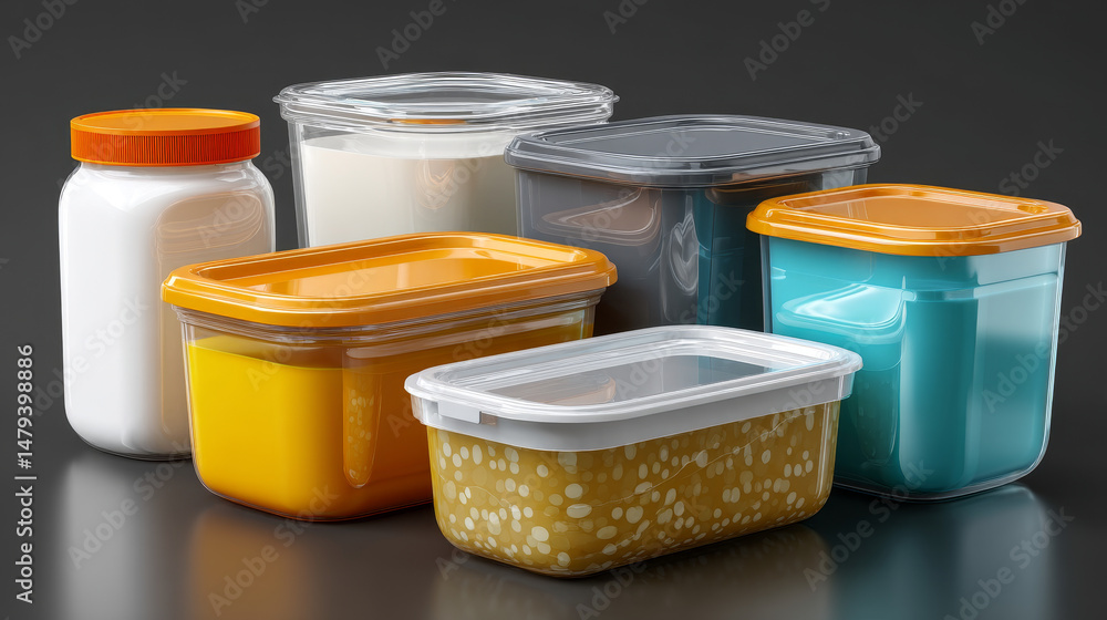 Poster 3d realistic vector icon set. dairy plastic boxes with lid. front view.