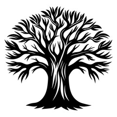 Stylized Silhouette of a Bare Tree with Twisted Branches Against White Background