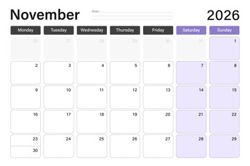 November 2026 calendar or desk planner in soft gray and purple colors with empty note lines, weeks start on Monday, vector illustration design