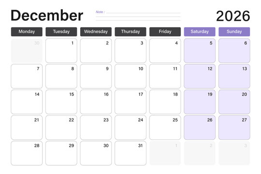 December 2026 calendar or desk planner in soft gray and purple colors with empty note lines, weeks start on Monday, vector illustration design