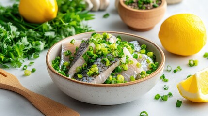 Fresh herring slices with chopped green onions in bowl, top-down food photo with clean white setting