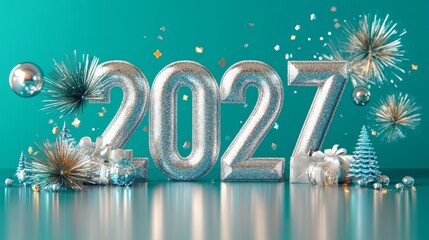 Silver 2027 Numbers, Fireworks, and Decorations on Teal Background A Festive New Year Celebration
