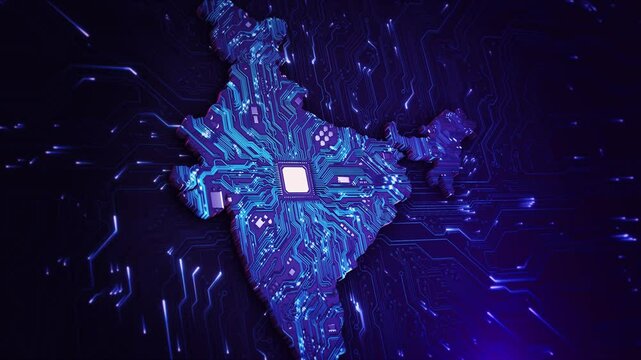 Digital Map of India Innovations Semiconductor Technology mobile banking finance Indian style. technology computer processor. Worlds map circuit board Cyberpunk Futuristic Cityscape, Virtual Reality