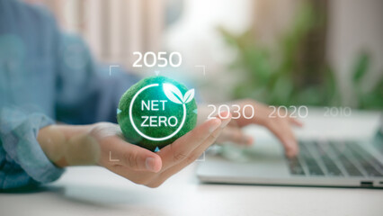 Hand holding green globe with NET ZERO text and future timeline for carbon neutrality concept