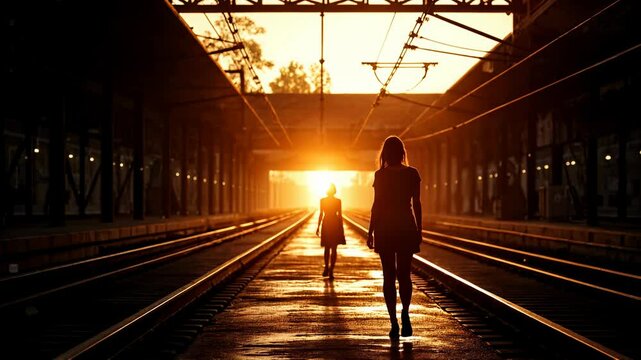 Silhouettes of woman walking on railway tracks at sunset. Golden hour light creates dramatic backlighting in train station. Atmospheric scene with warm tones and long shadows.