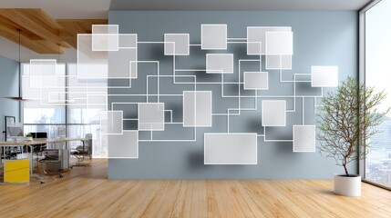 A light filled modern office features workflow diagram overlay for business strategy presentation backdrop