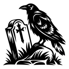 Black raven sitting atop a tombstone in a field of tall grass