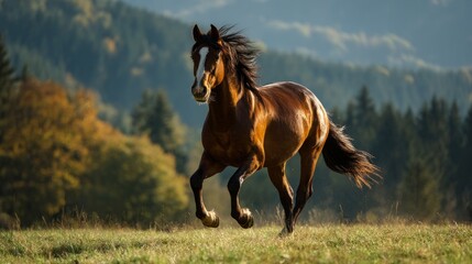 Fototapeta premium Majestic horse running through sunlit meadow, dynamic motion captured, golden hour lighting, f/2.8, pastoral landscape with soft focus background 