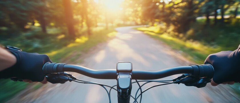 First person perspective of cyclist riding bike on forest path at sunset; adventure cycling through nature with sun flare; active lifestyle and outdoor recreation concept