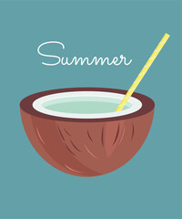 Flat Design Summer  Illustration with Coconut Cocktail