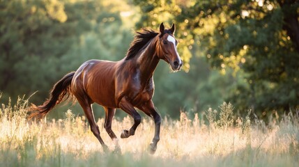 Fototapeta premium Majestic horse running through sunlit meadow, dynamic motion captured, golden hour lighting, f/2.8, pastoral landscape with soft focus background 