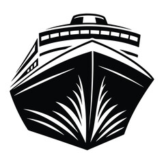 Dramatic black and white illustration of a large cruise ship from below
